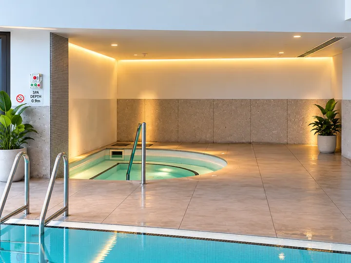 Shared indoor spa beside the pool