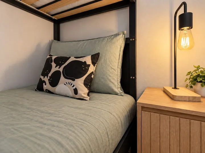 Bunk bed linen and bedside details