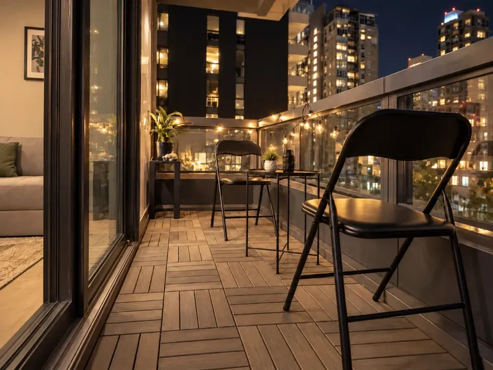 Balcony seating and city lights