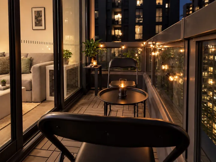 Balcony table with warm lighting