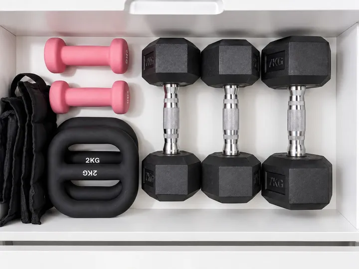 Exercise weights stored in a drawer