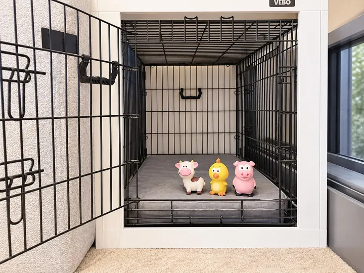 Pet crate with toys and bedding