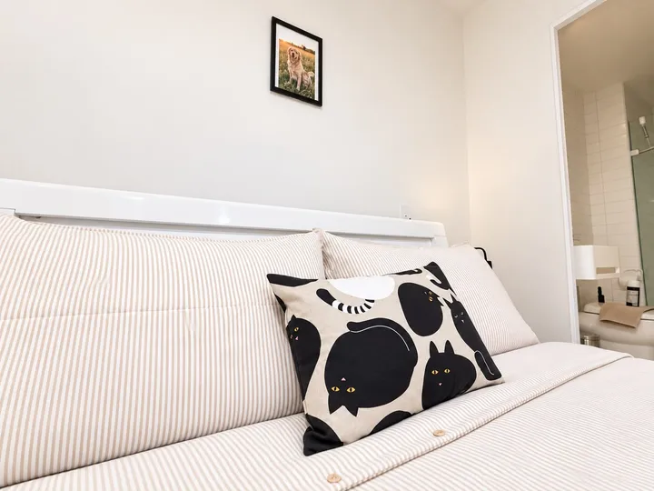 Bedroom cushions and adjoining bathroom