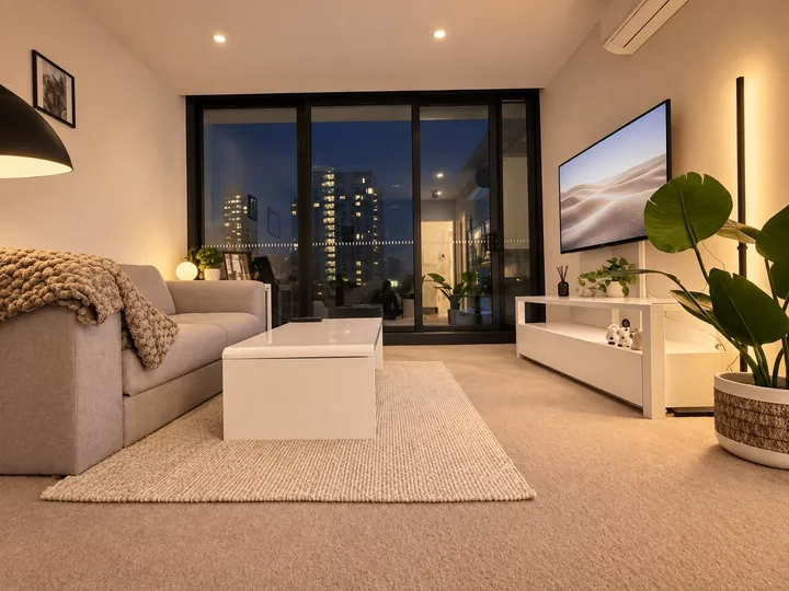 Living room overlooking the city at dusk