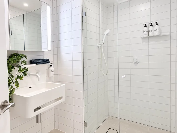 Bathroom vanity and glass shower