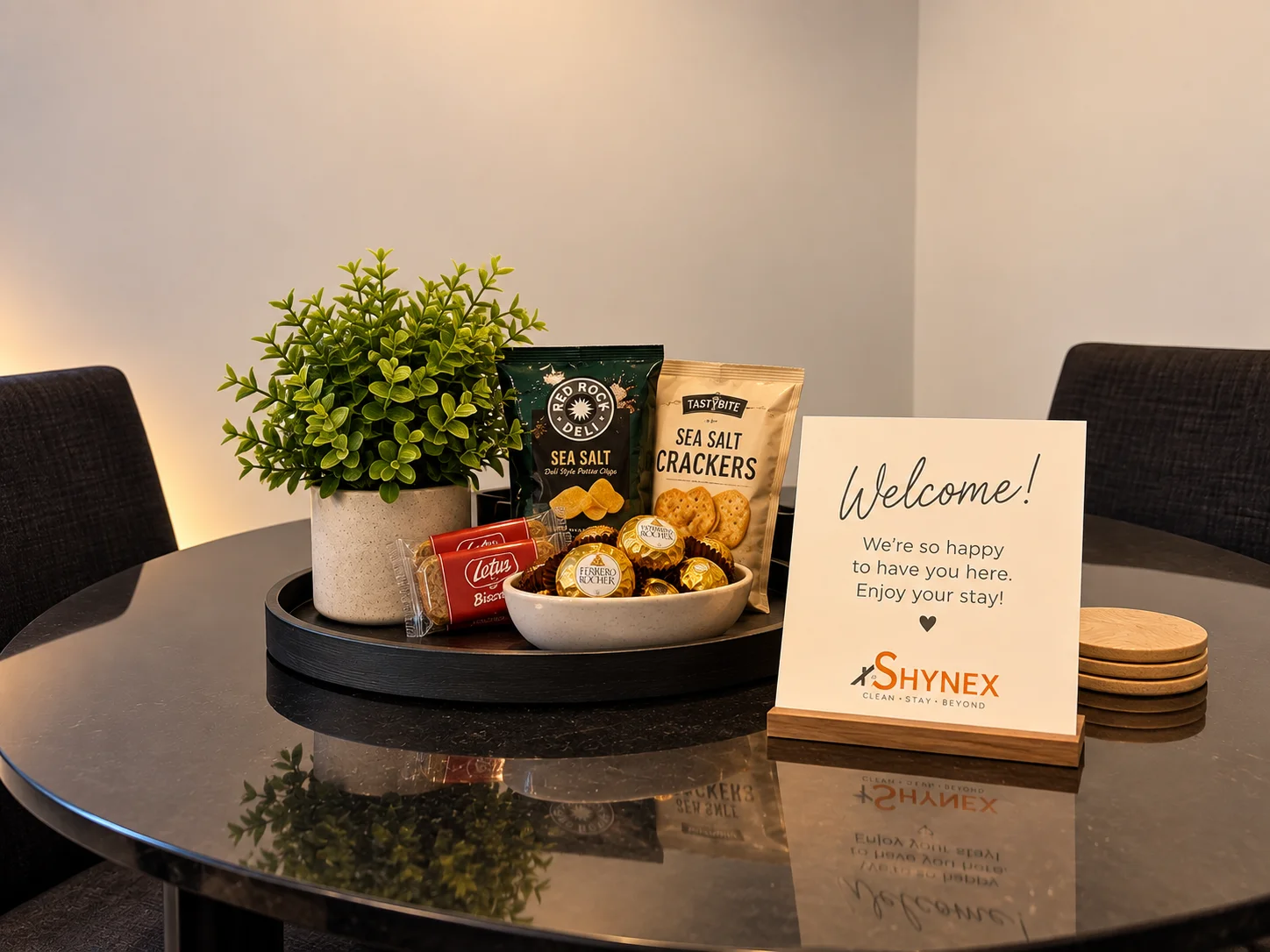 Shynex welcome card and guest amenities